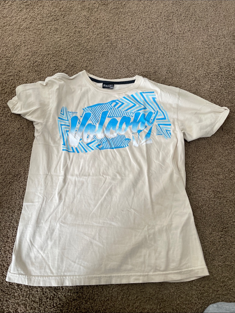 Volcom Tan Tee with Bright Blue Graphic